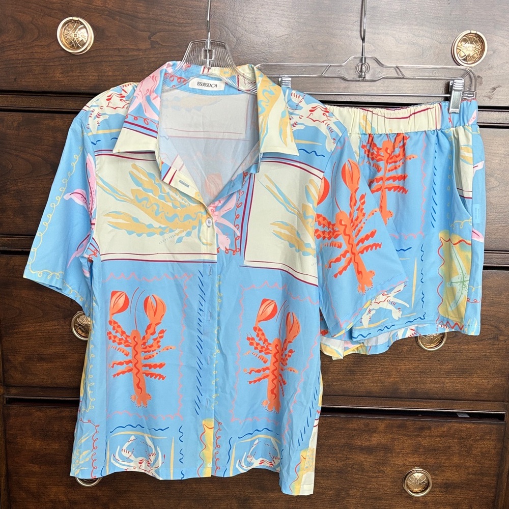 Beach Fun Blue beach print set/ shirt and shorts